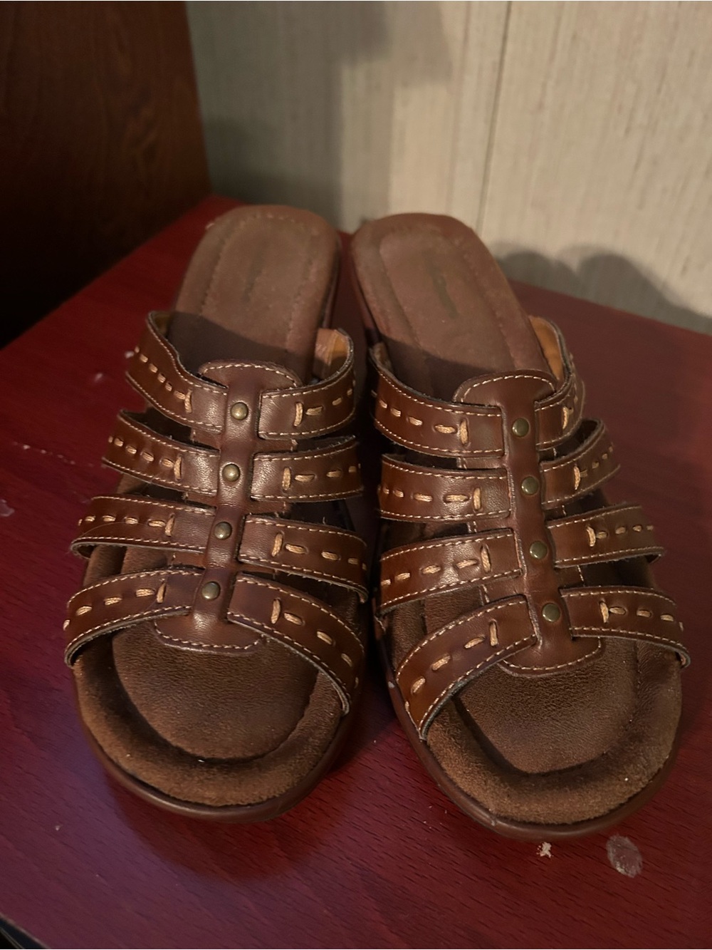 Brown Strappy Leather Slide Sandals